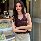 L'AUTRE DE MIN Halter Frill Sleeveless Brown dot Top