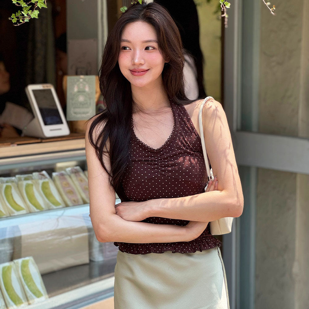 L'AUTRE DE MIN Halter Frill Sleeveless Brown dot Top