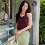 L'AUTRE DE MIN Halter Frill Sleeveless Brown dot Top