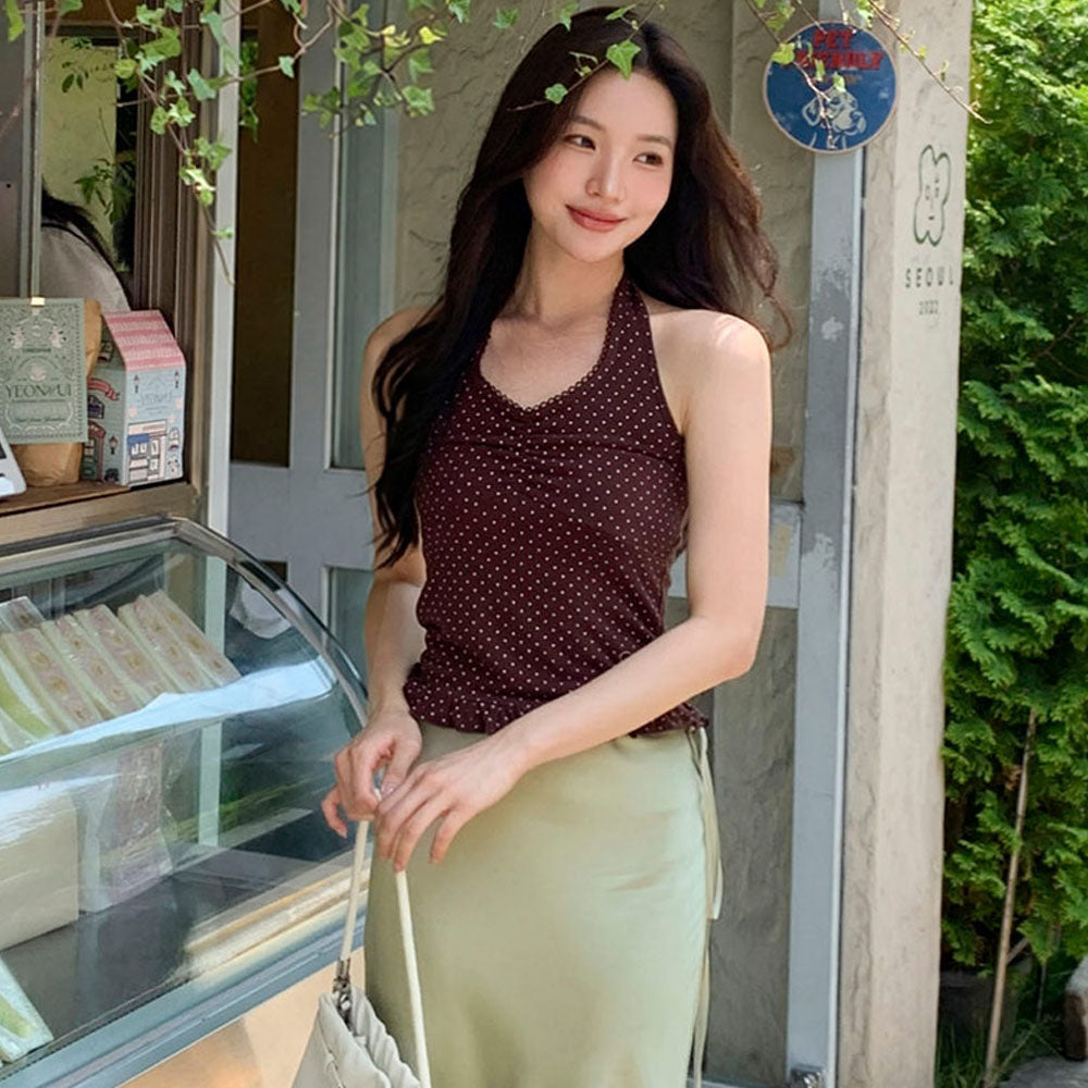 L'AUTRE DE MIN Halter Frill Sleeveless Brown dot Top