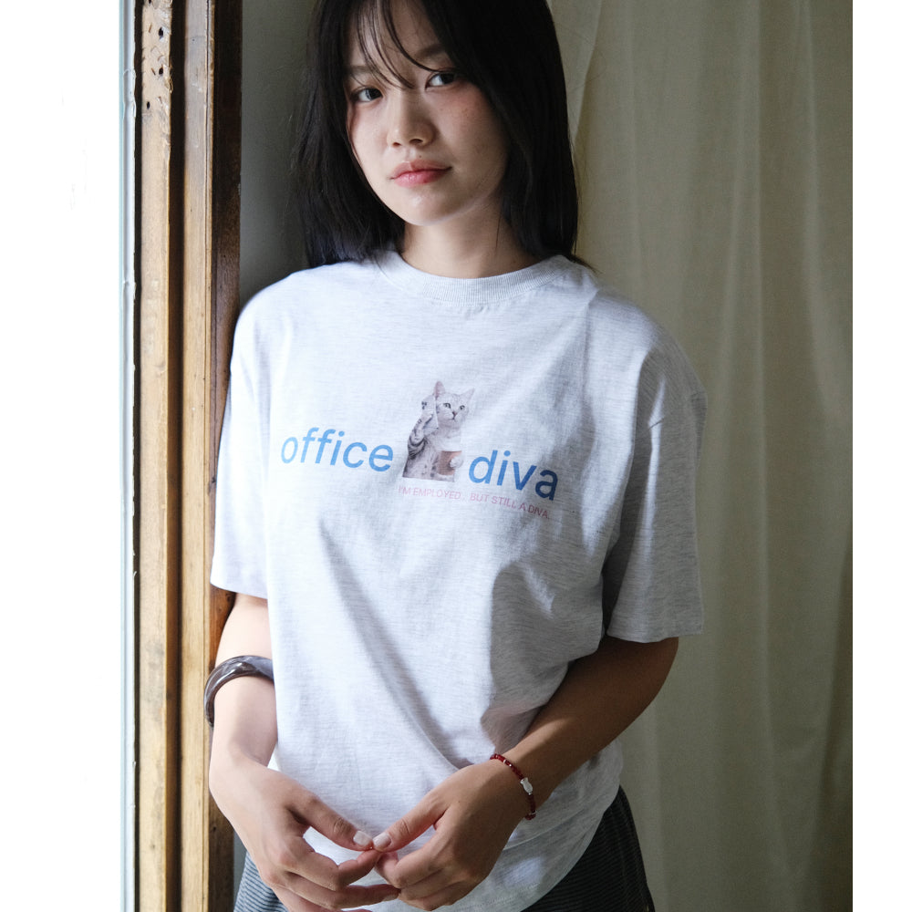 POEV Office Diva Cat T-Shirt - White Melange