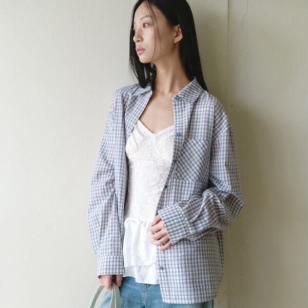 rolarola LOOSE FIT CHECK SHIRT BLUE