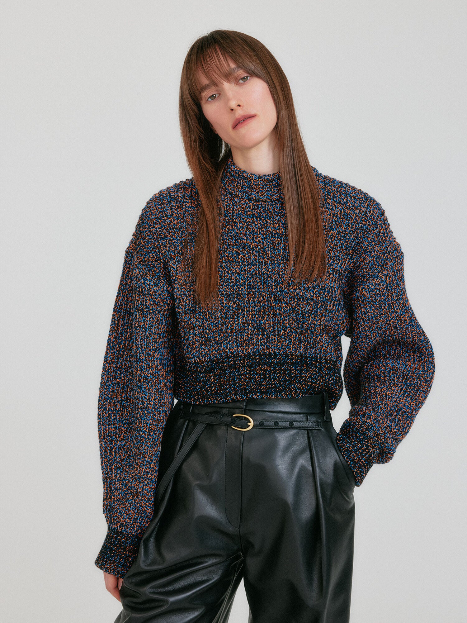 EENK ZABELLE Mockneck Textured Knit Pullover - Orange/Blue Multi