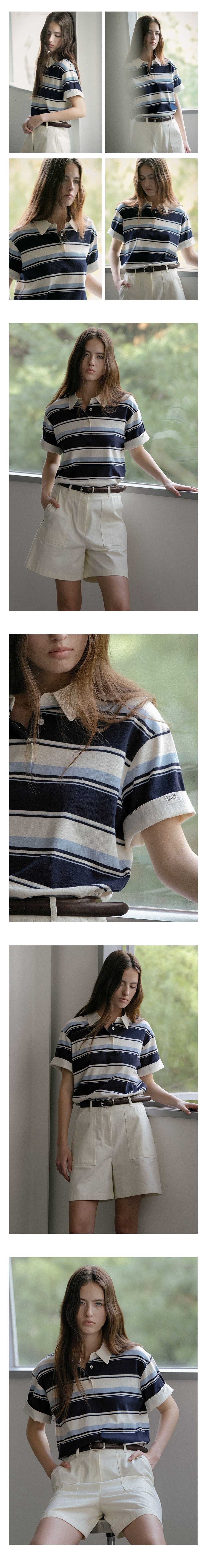 KNOWN BETTER Bold stripe roll-up label half collar T-shirt_Blue
