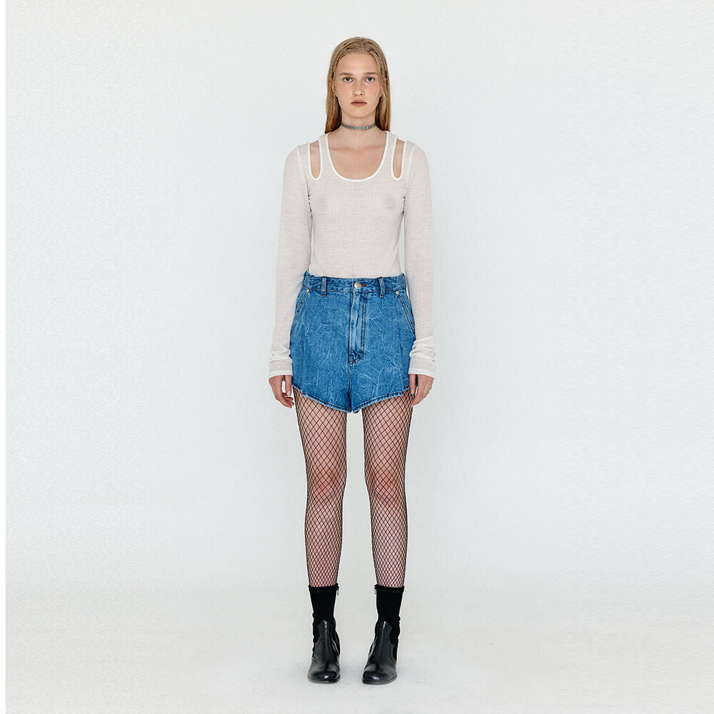 EENK EENK WOCO Folded Front Denim Shorts - Denim Blue