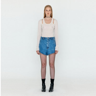 EENK WOCO Folded Front Denim Shorts - Denim Blue
