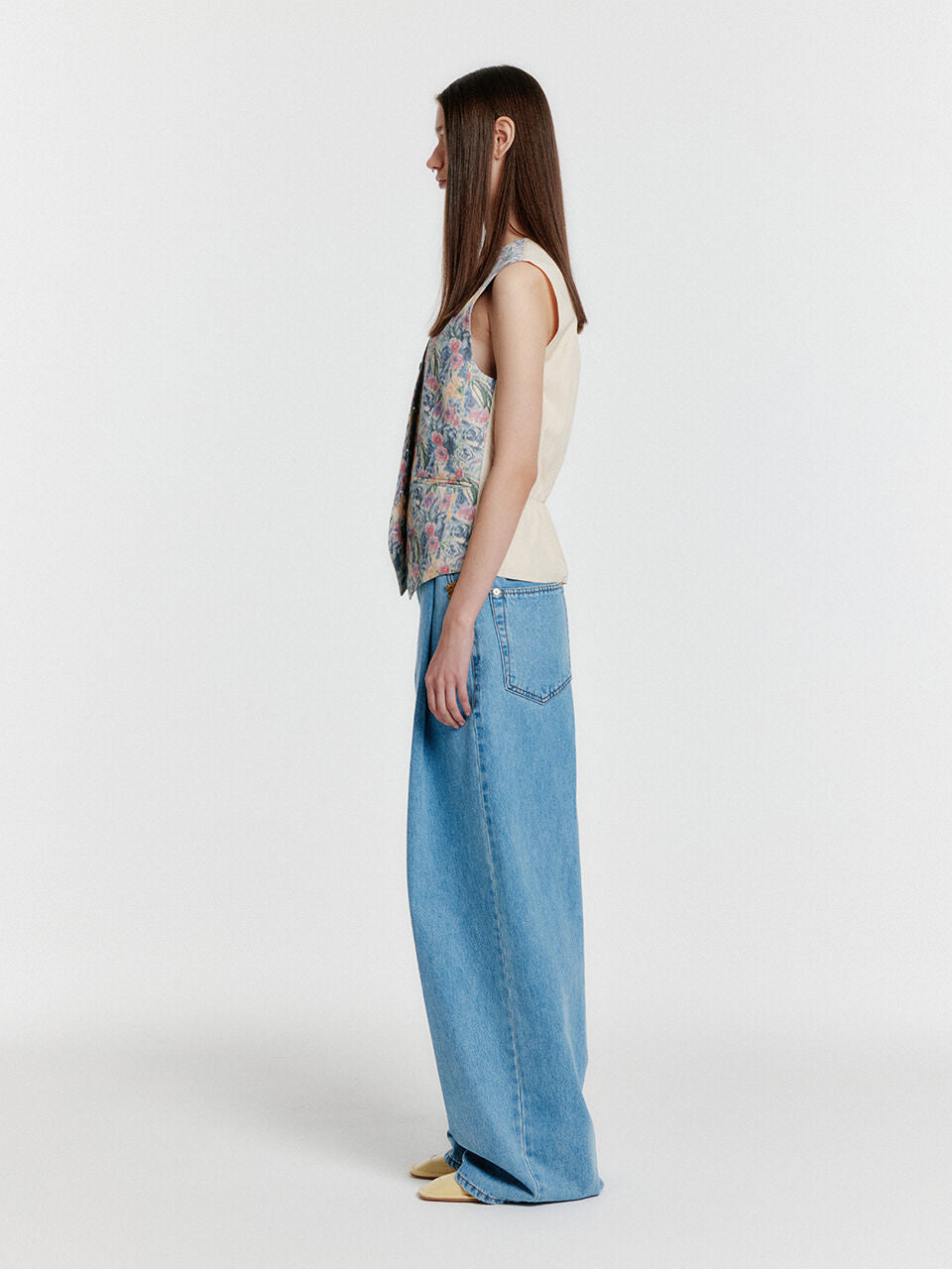 EENK YJEAN Folded Front Wide Denim Pants - Blue