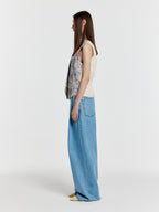 EENK YJEAN Folded Front Wide Denim Pants - Blue