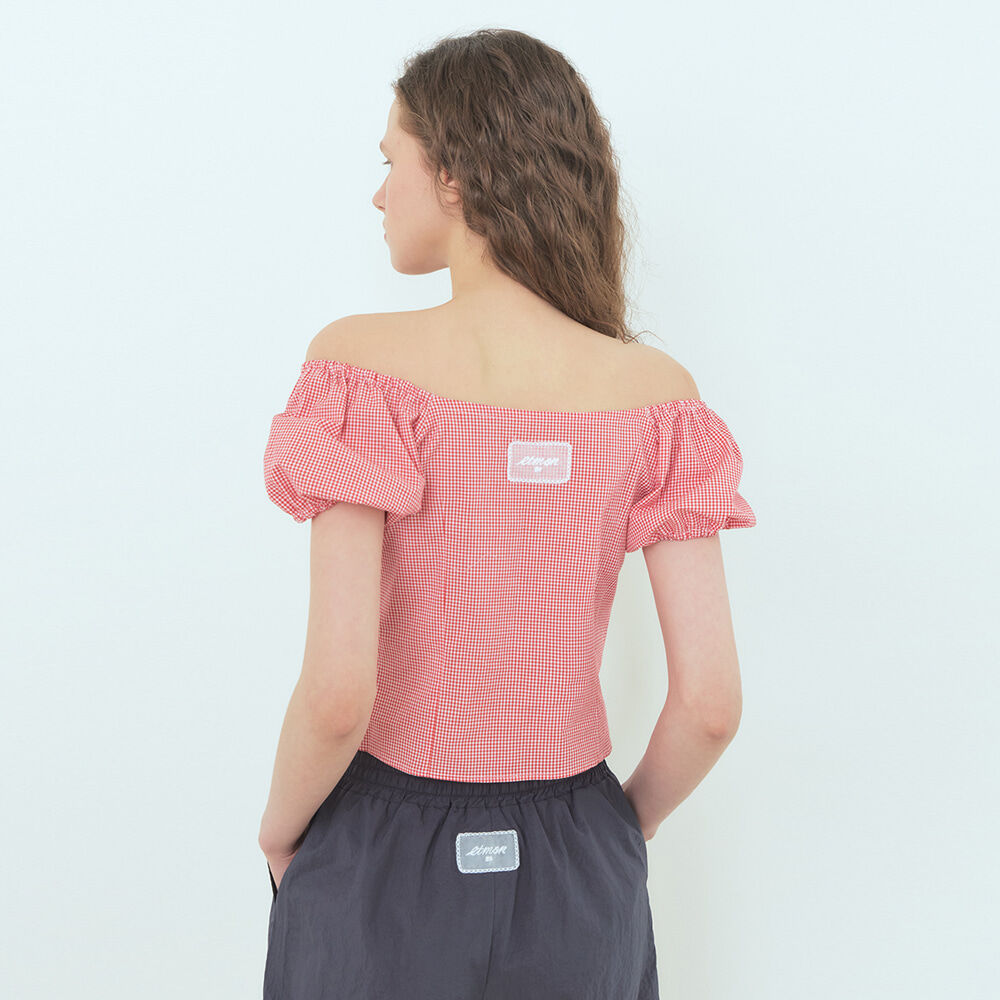 ETMON Check Shirring Blouse, Red