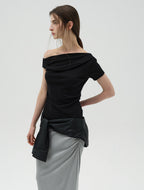 LOW TIDE [2nd REORDER] OFF SHOULDER DRAPE T-SHIRT [BLACK]