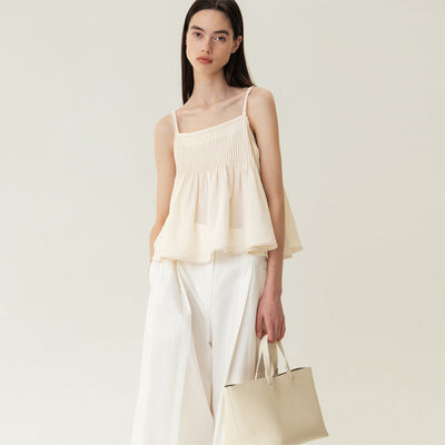 Pintuck Lace Sleeveless Top Cream