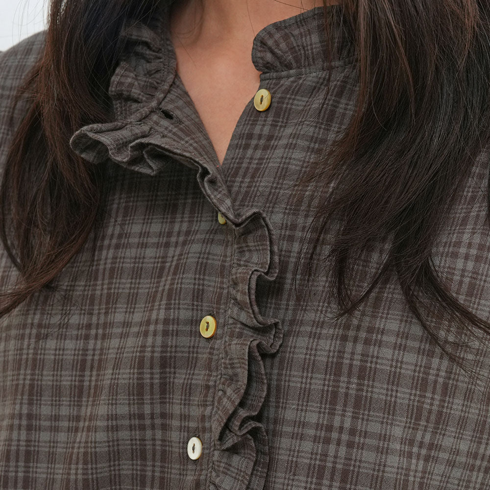 GENERAL IDEA WOMAN check frill blouse [ASH BROWN] / GF2LBL517