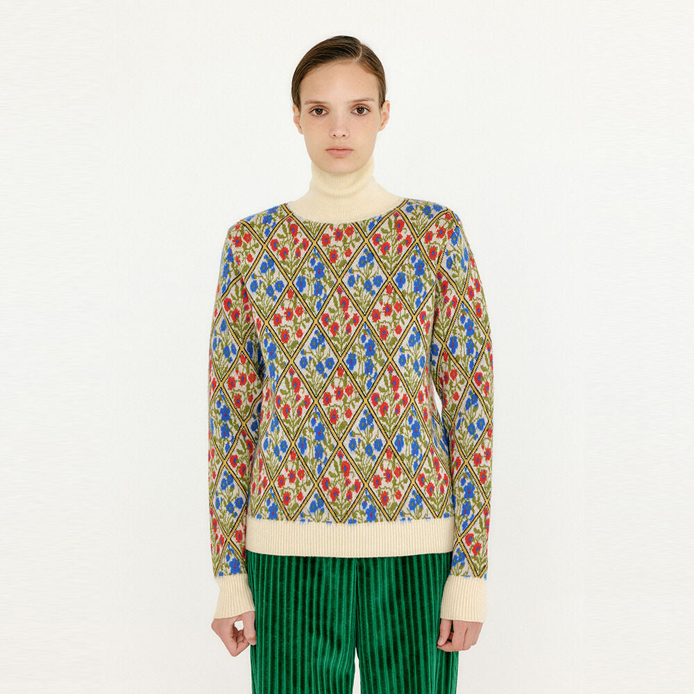 EENK EENK VINKY Floral Pattern Knit Turtleneck - Ivory/Blue/Red Multi