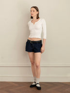 GLOWNY 3/4 G WAFFLE BUTTON FLY TEE (WHITE)