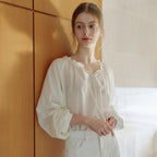 ATCORNER [Influencer wearing] Comfort frill neck shirring blouse ivory AT6BLA017IV