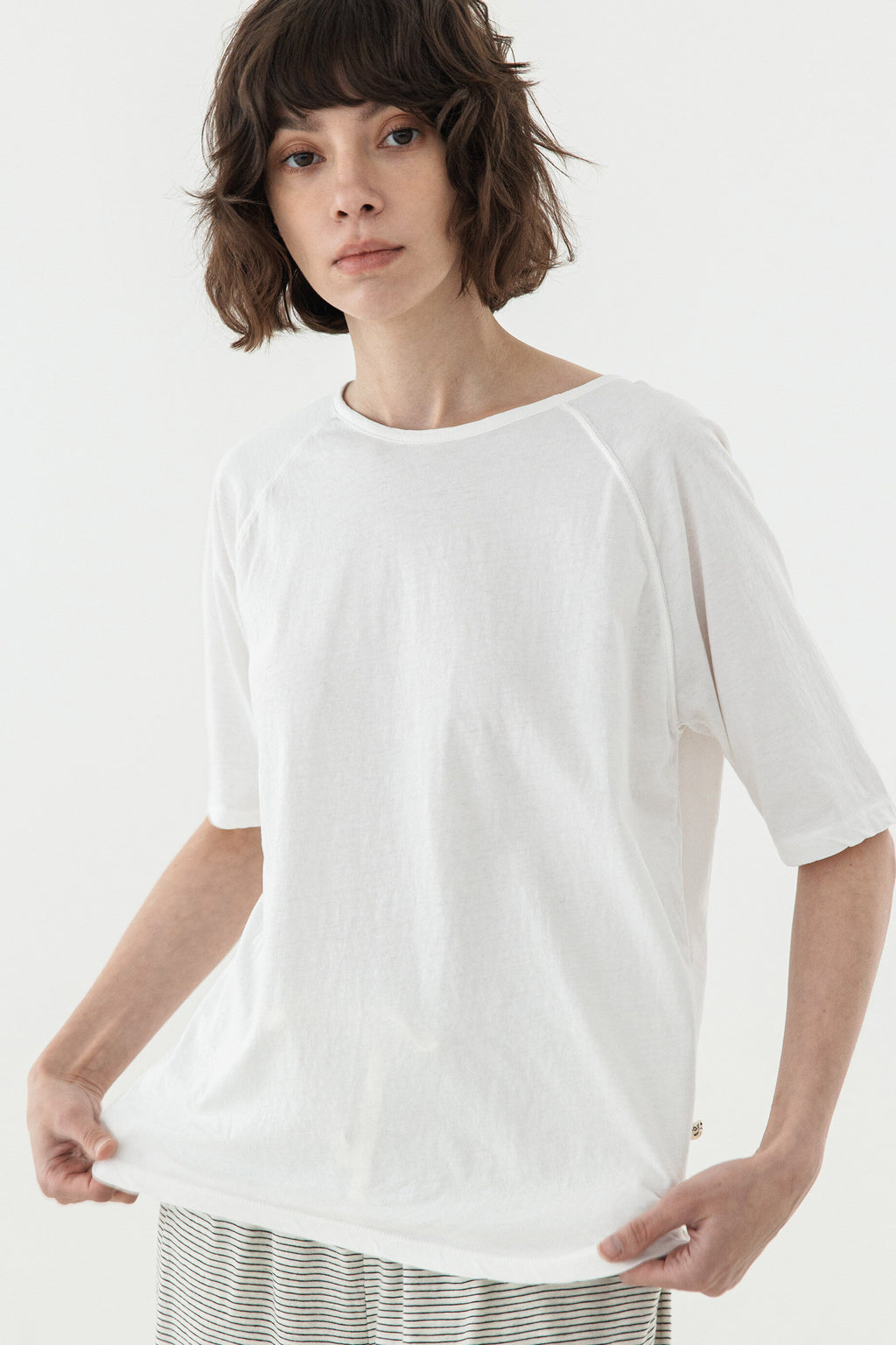 KOZNOK Maria Nagrang Layered Pure Cotton Summer Women's Short Sleeve T-Shirt Inner Tee Ivory