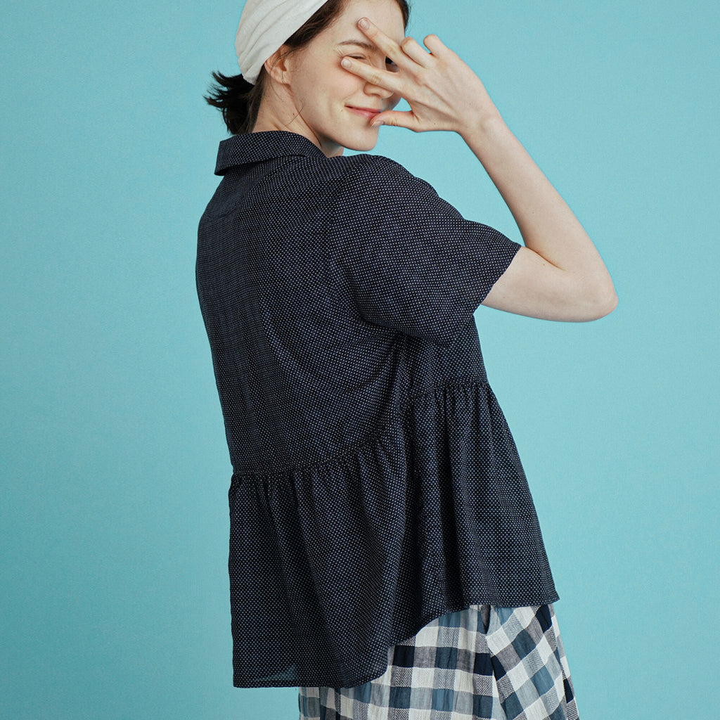 CHIQUITA 16th_Summer Dot Shirring Shirt Navy 232303ONV (domestic production)