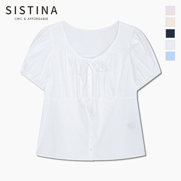SISTINA Ribbon puff round neck blouse_AWWBLQ21070