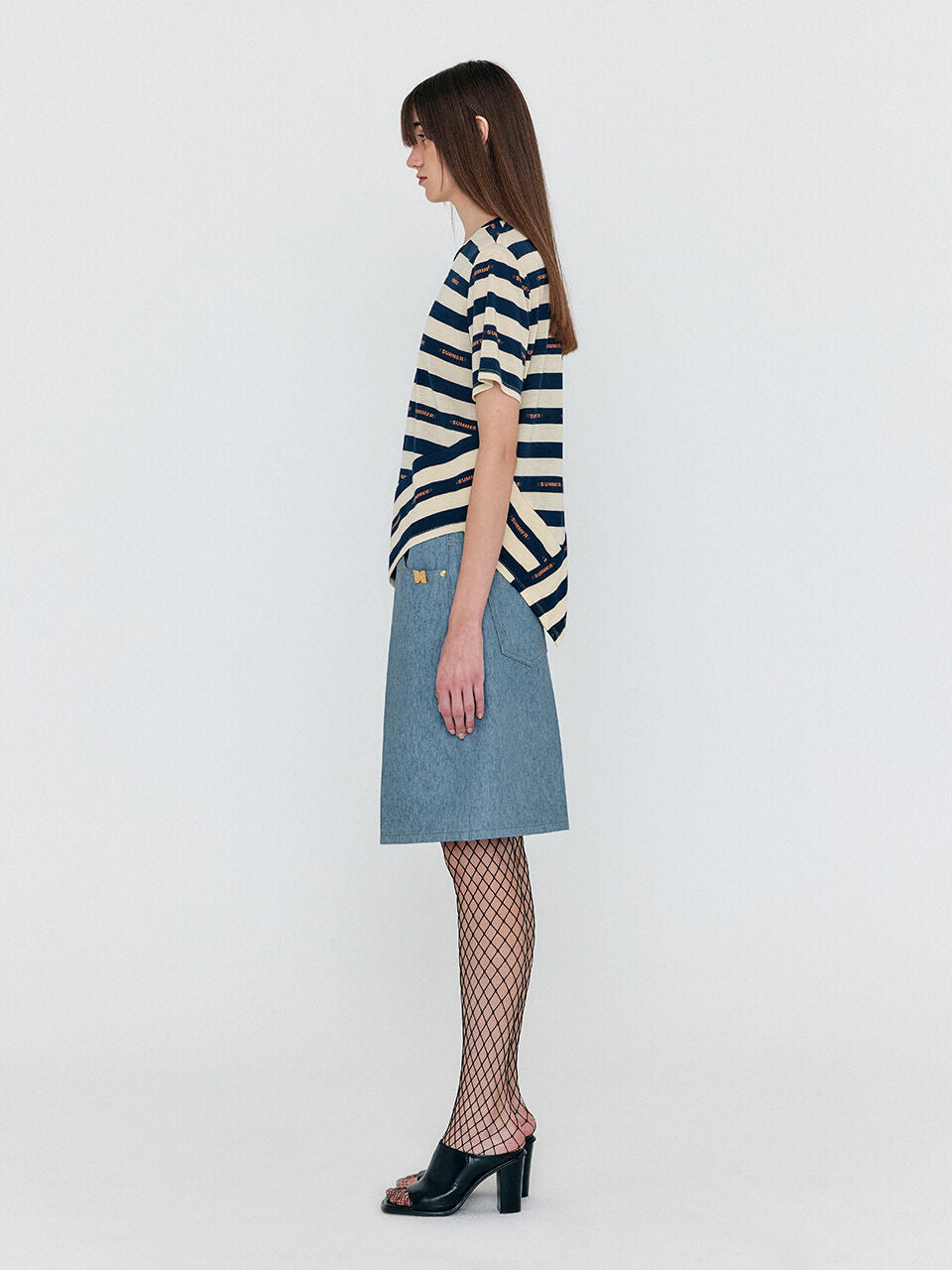 EENK WAVE Asymmetric Paneled T-Shirt - Navy/Beige Stripe