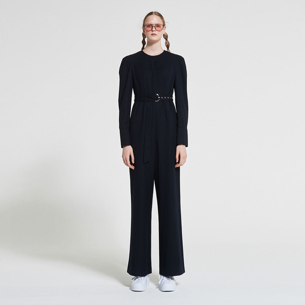 WOVEMENT Belted Wool Jumpsuit Navy WBAFJS001NV