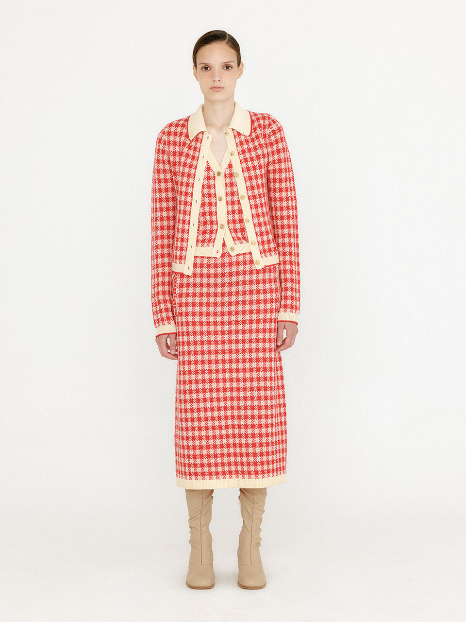 EENK EENK VINK Gingham Check Knit Shirt - Red/Ivory