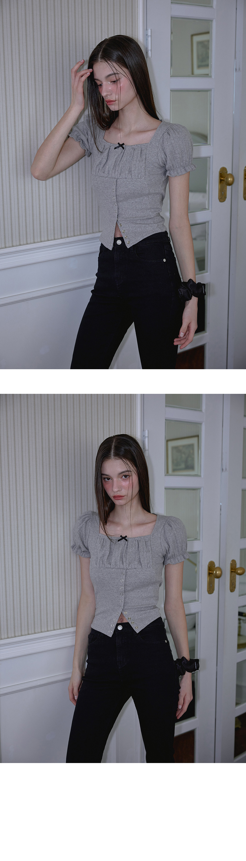 RoséFrantz Puff Shirring Ribbon T-shirt [Gray]
