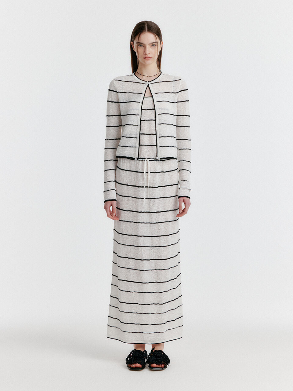 EENK YOZO Jacquard Stripe Knit Cardigan - Ivory/Black
