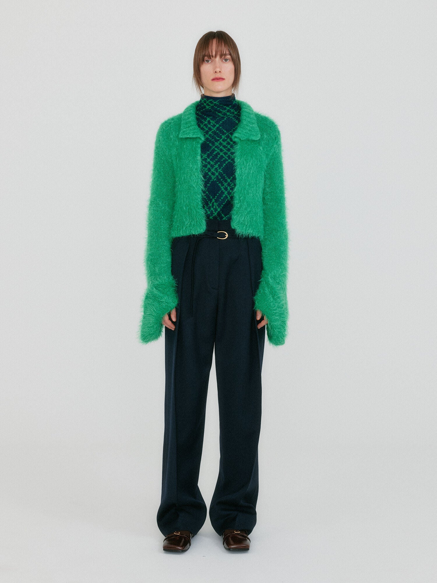 EENK ZIGGY Textured Collar Knit Cardigan - Green