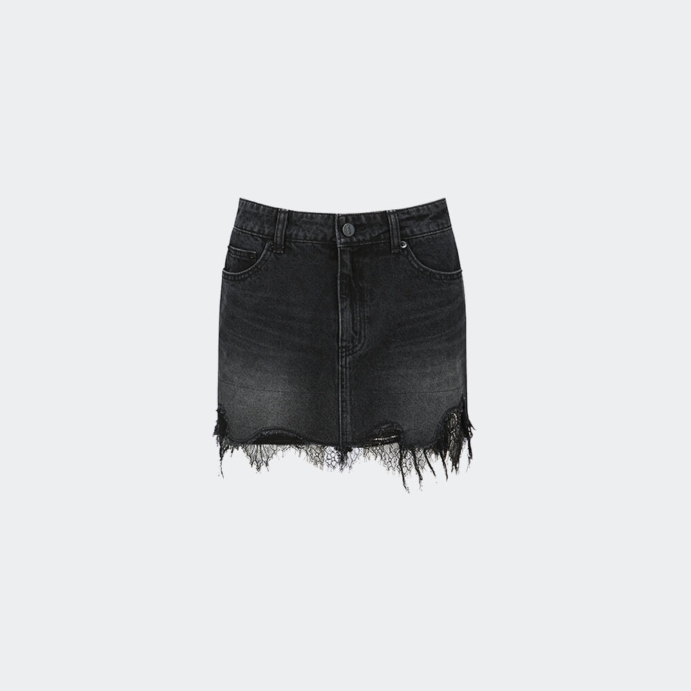 YCH LACE PATCH DENIM SKIRT BLACK (R25DB8091BK)