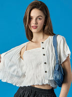 KOLEAT [Wearing Han Bo-reum and Lee Chae-yeon] Set-up summer cooling Marmont crop cardigan short-sleeved T-shirt and string tank top set [white]