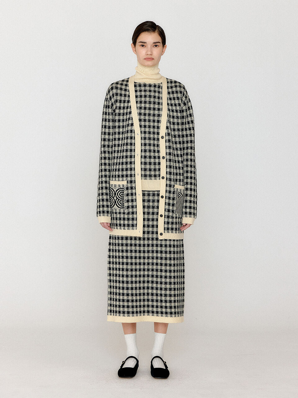 EENK EENK VINKLING Gingham Check Knit Midi Cardigan - Black/Ivory