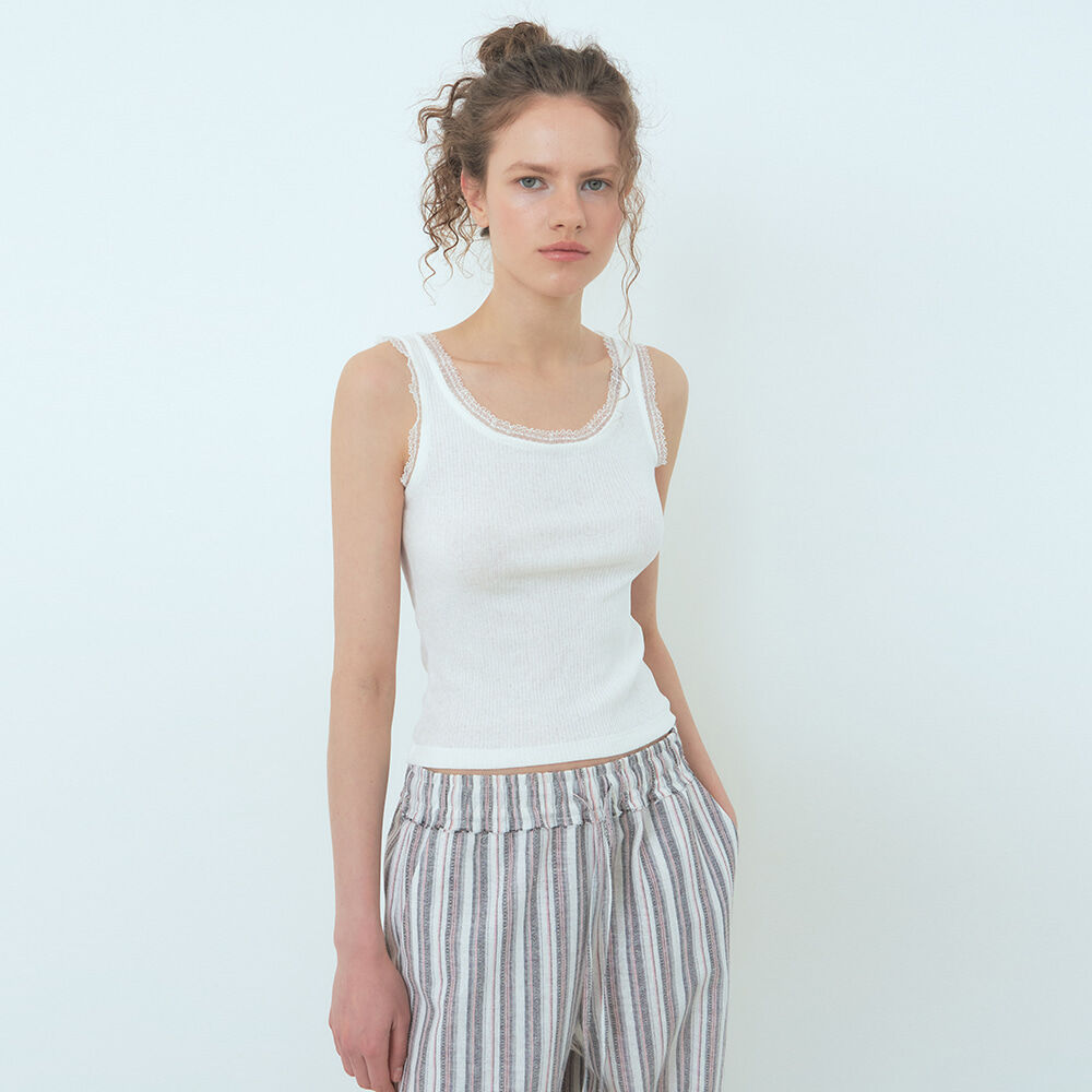 ETMON Lace Ribbed Sleeveless Top, White