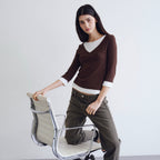 WAVE UNION Layered V-neck Three-quarter sleeve top Brown