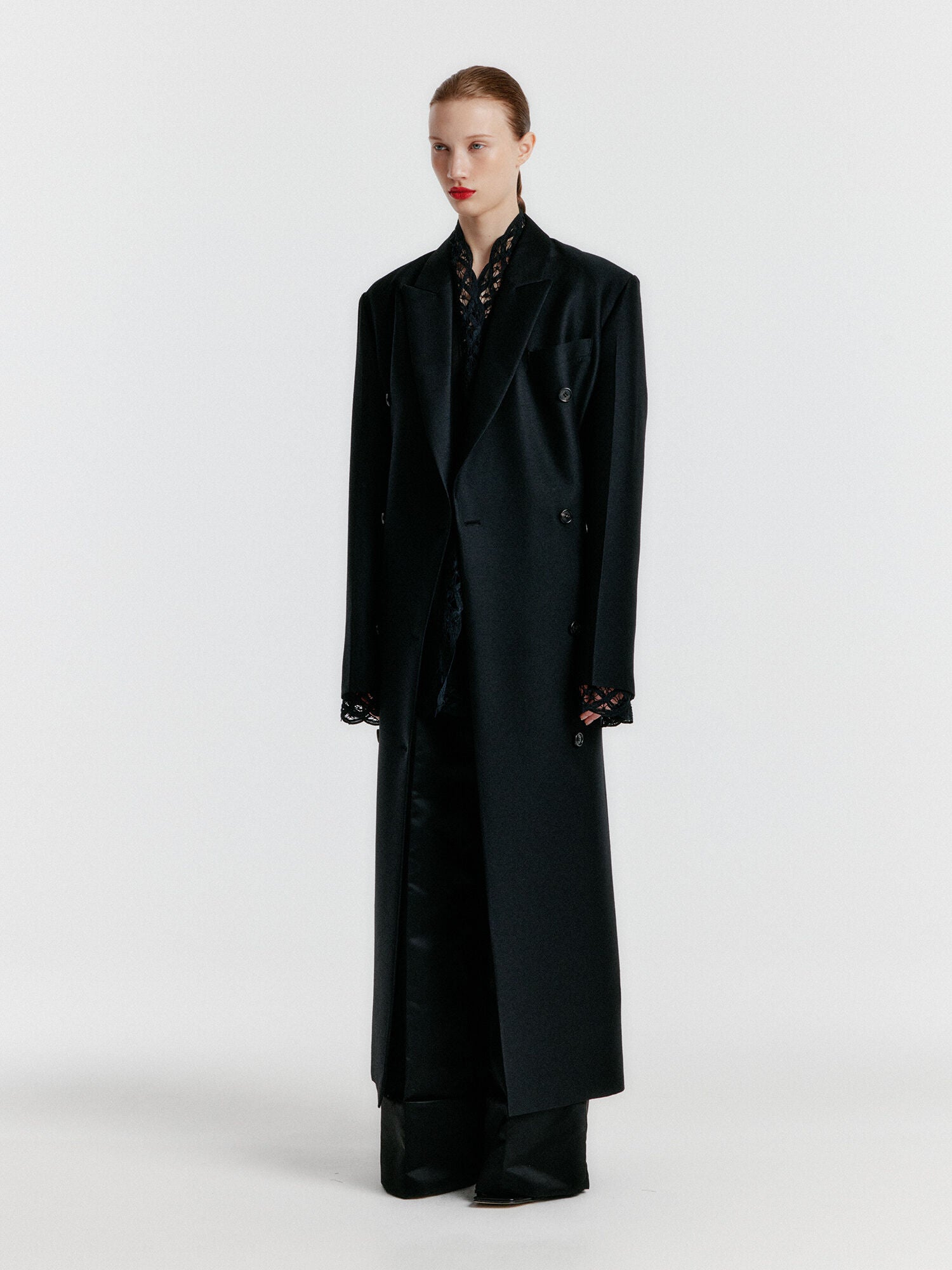 EENK YALE Peaked lapel Tailored Long Coat - Black
