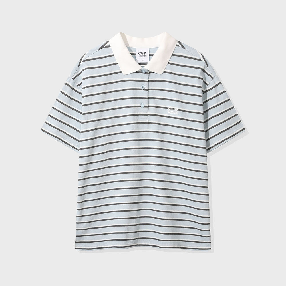CGP (Women) Overfit Striped Short Sleeve Collar T-Shirt - Sky Blue