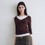WAVE UNION Layered V-neck Three-quarter sleeve top Brown