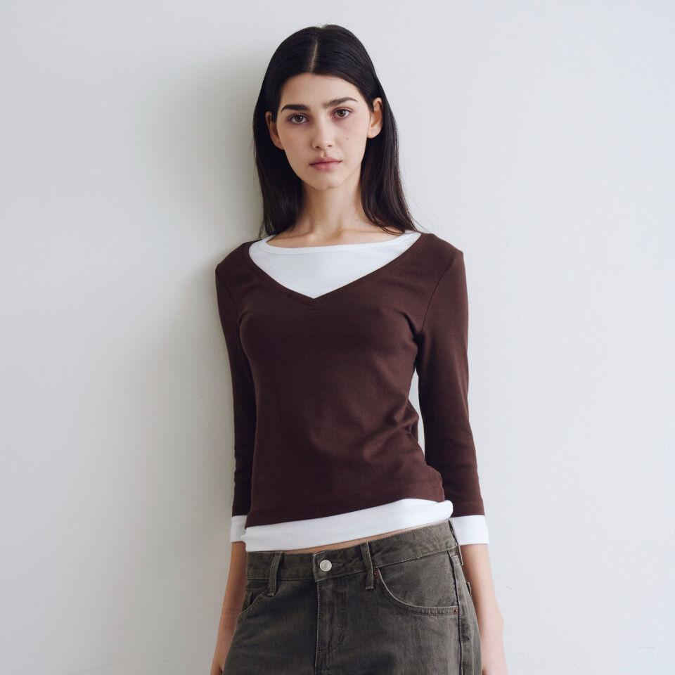WAVE UNION Layered V-neck Three-quarter sleeve top Brown