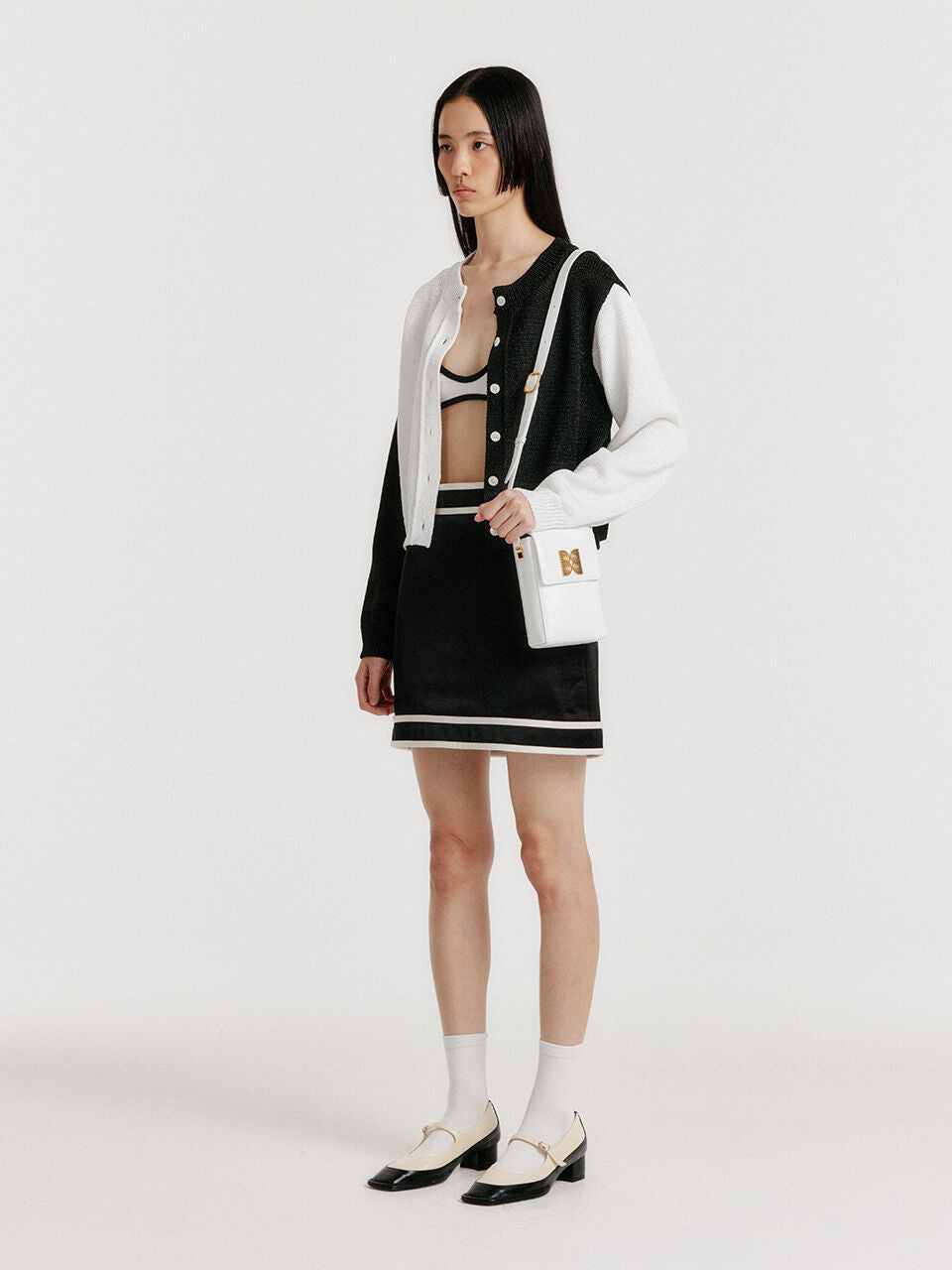 EENK EENK YOLI Stitched Color Block Knit Cardigan - Black/White