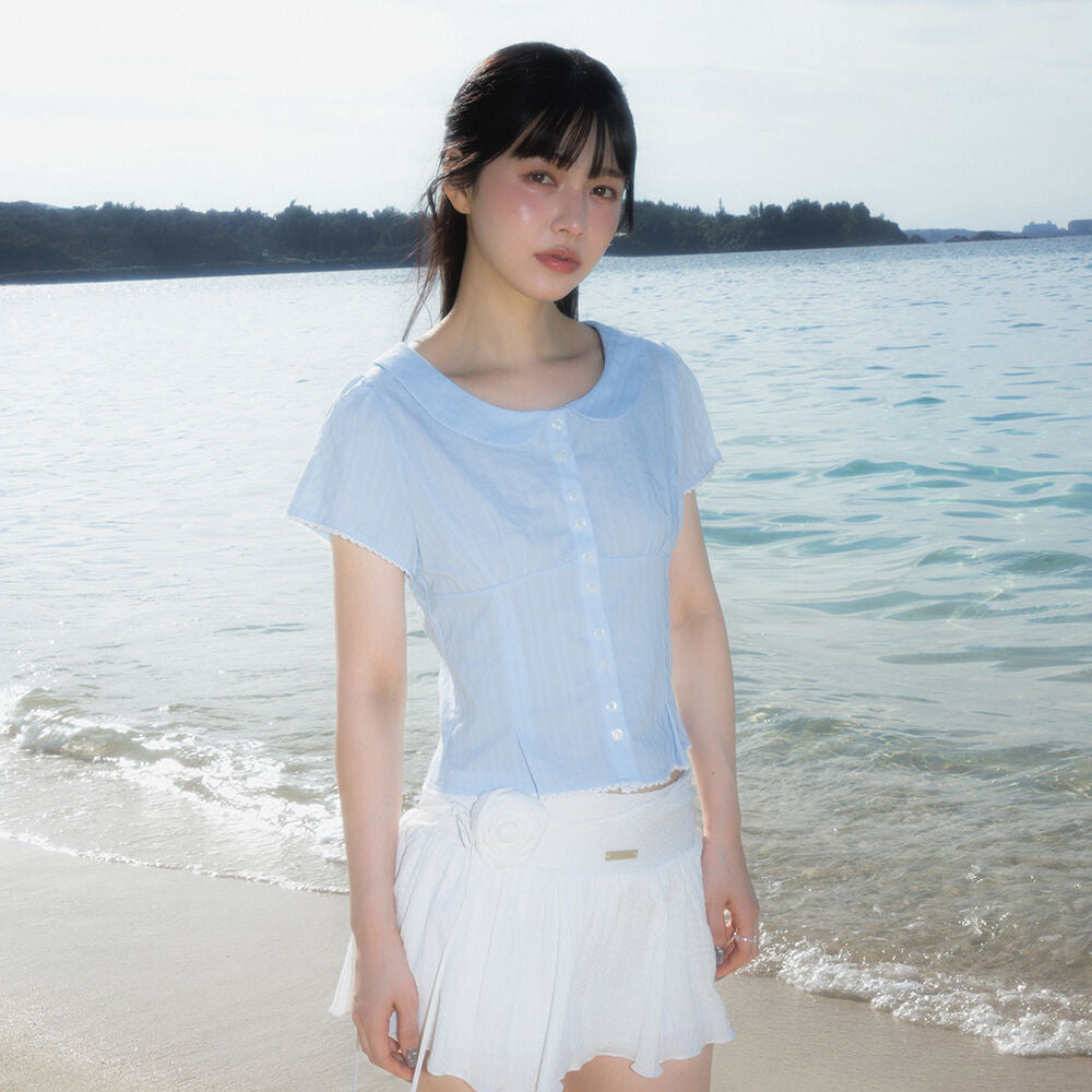 RoséFrantz Round Collar Short Sleeve Blouse [Sky Blue]