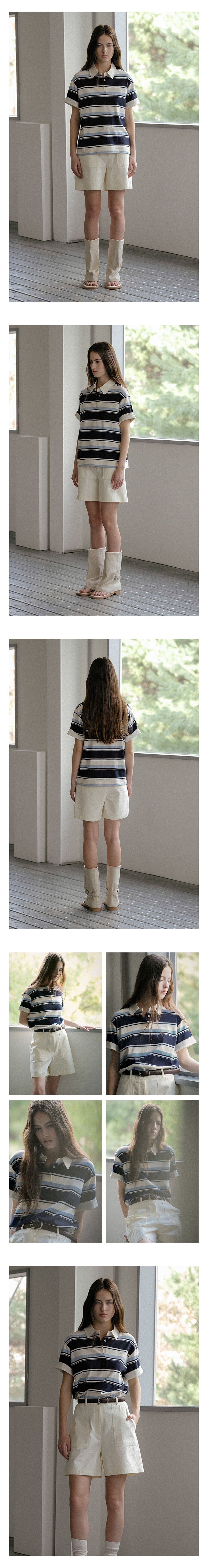 KNOWN BETTER Bold stripe roll-up label half collar T-shirt_Blue