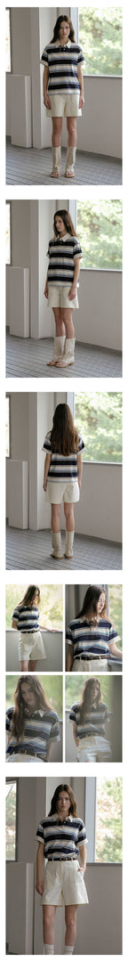 KNOWN BETTER Bold stripe roll-up label half collar T-shirt_Blue