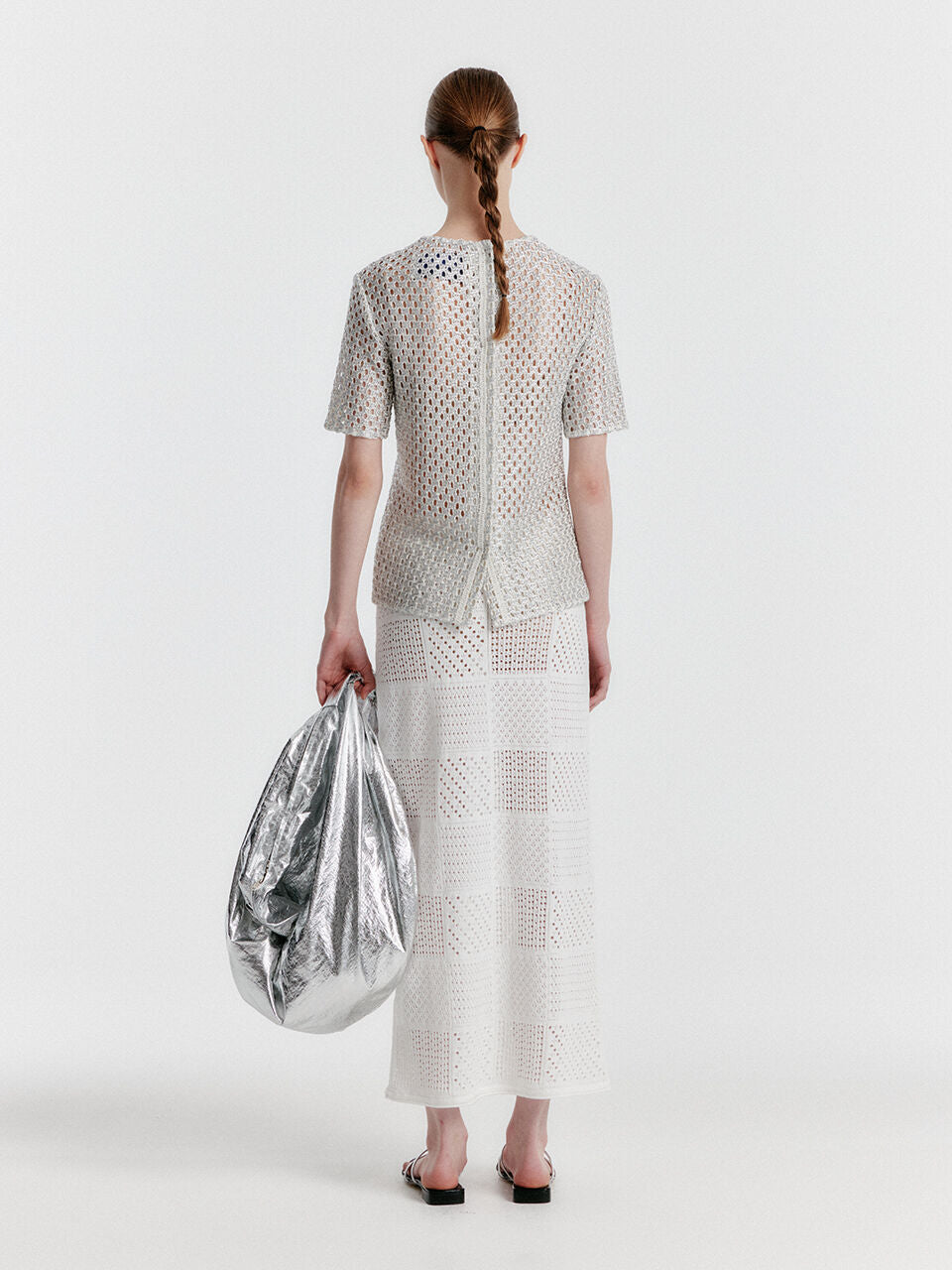 EENK YIZNY Panelled Lace Knit Long Skirt - White
