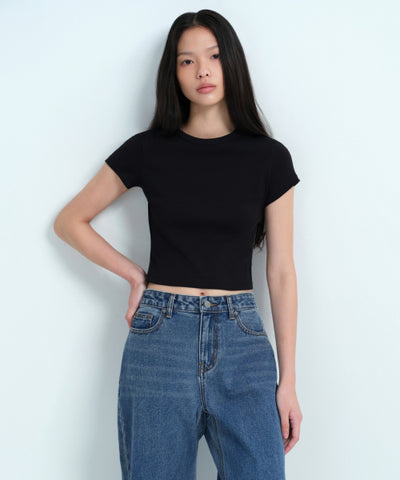 MUSINSA STANDARD WOMAN Women's Slim Crop Crew Neck T-Shirt [Black]