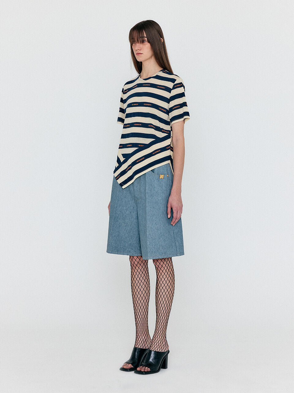 EENK WAVE Asymmetric Paneled T-Shirt - Navy/Beige Stripe