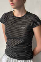 SINOON Stripe Cap Sleeve T-shirt (Black)