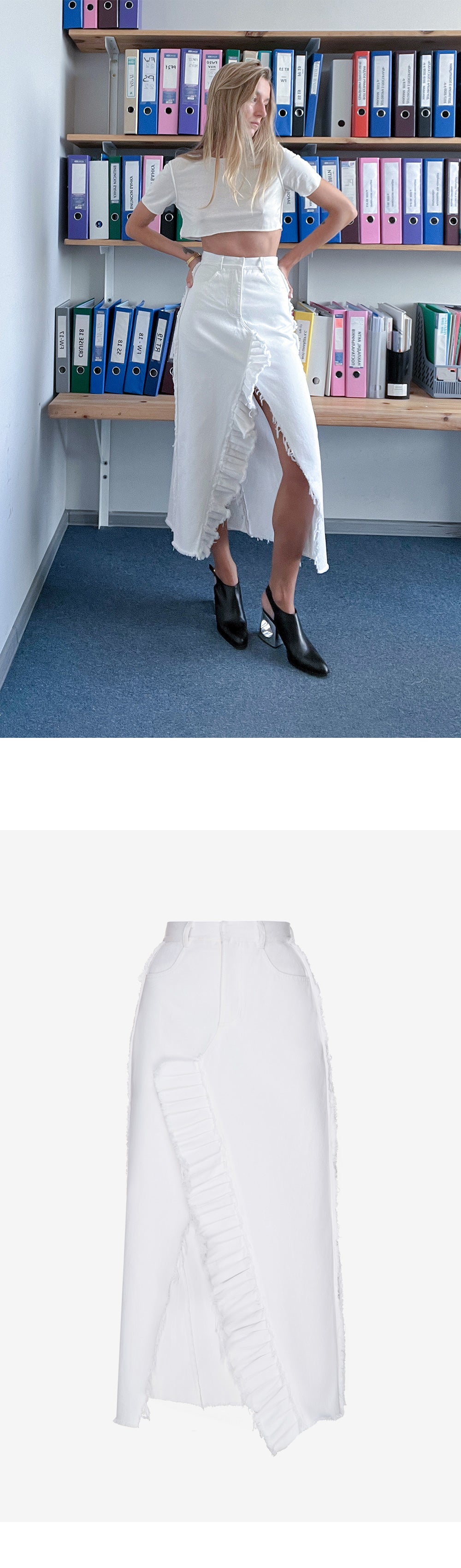 KSENIA SCHNAIDER KSENIA SCHNAIDER Ruffle Denim Maxi Skirt - White