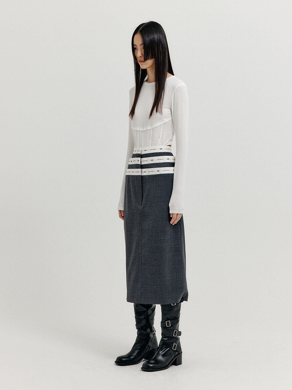 EENK EENK XETTE Waistband Layered Midi Skirt - Dark Grey