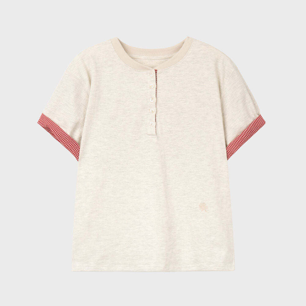 DANDEL DD check roll-up henley neck tee (OATMEAL)