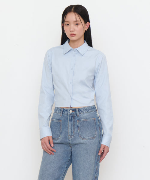 MUSINSA STANDARD WOMAN MUSINSA STANDARD WOMAN Slim Fit Crop Shirt (Sky Blue)