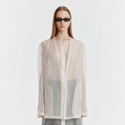 YASMIN Round-neck Long Jacket - Ivory